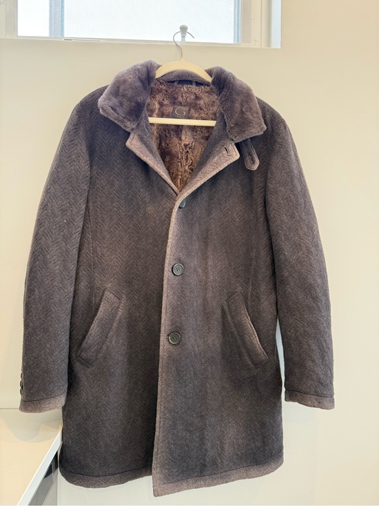 Gimo’s Other - Gimo’s Men's Dark Gray Herringbone Wool Pea Coat with Faux Fur Collar